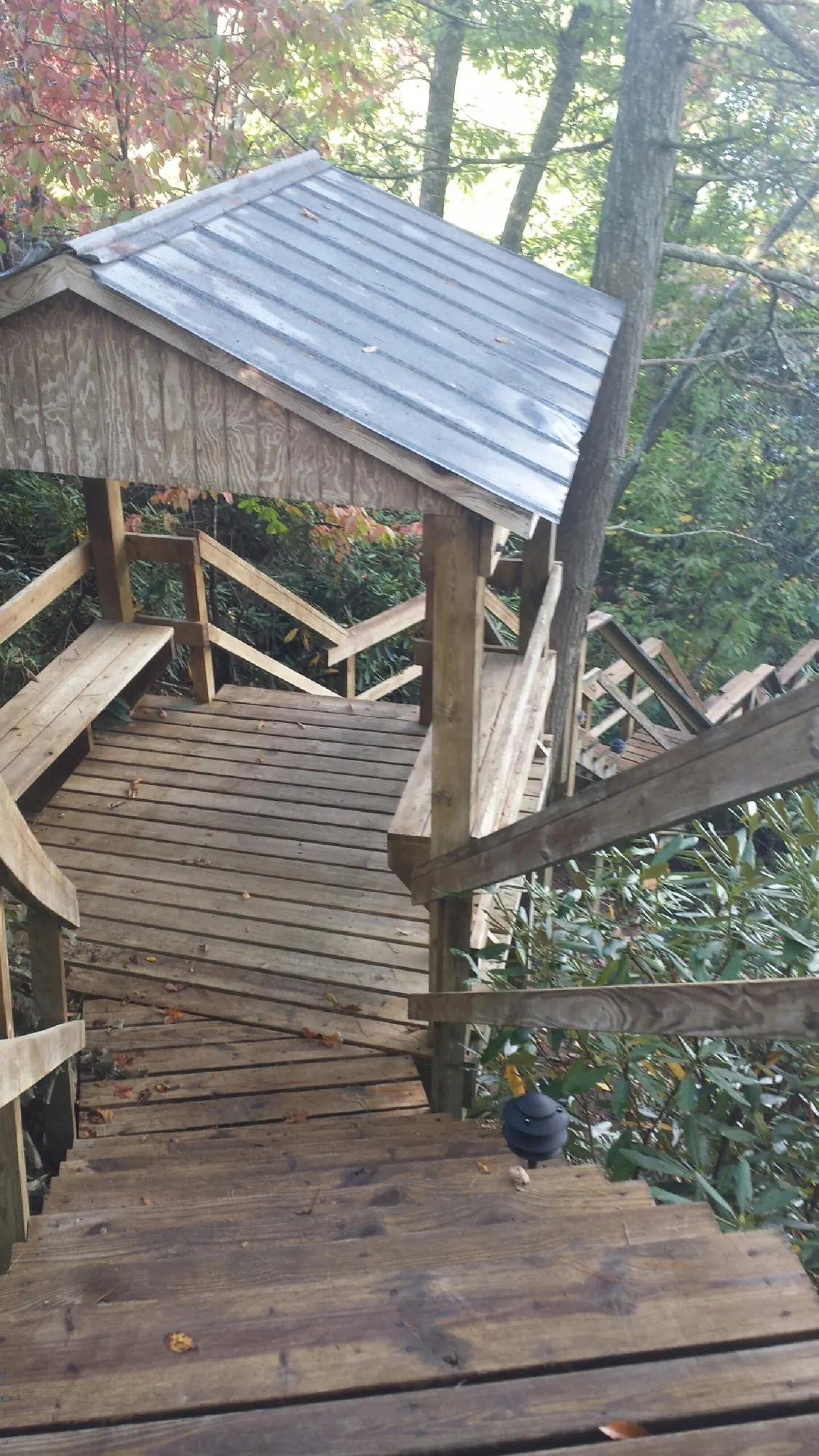 Metal roofed shelter over wooden steps on a wooded walkway — Skylight Repair & Installation work by our crew in Old Monroe